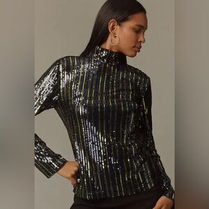 Anthropologie Maeve Stripe Sequin Turtleneck Blouse Women's Size XL Blue & Green